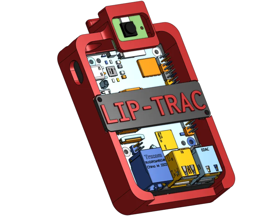 CAD render of the LIP-TRAC device around a Raspberry Pi 5
